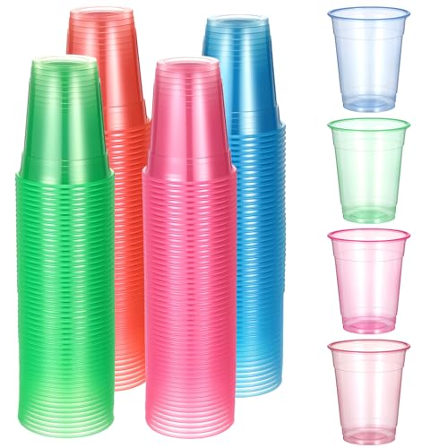 LIQWEI 200 Pack Plastic Neon Cups 12 Oz, Disposable Glowing Party Cup