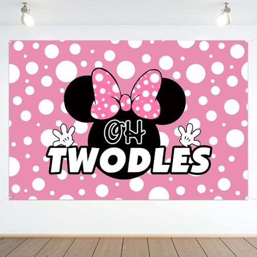 Oh Twodles - Pancarta de fondo rosa con dibujos animados de feliz segundo cumpleaños, decoración de fiesta temática de animación a dos años de edad, suministros de fondo de fotografía para niñas