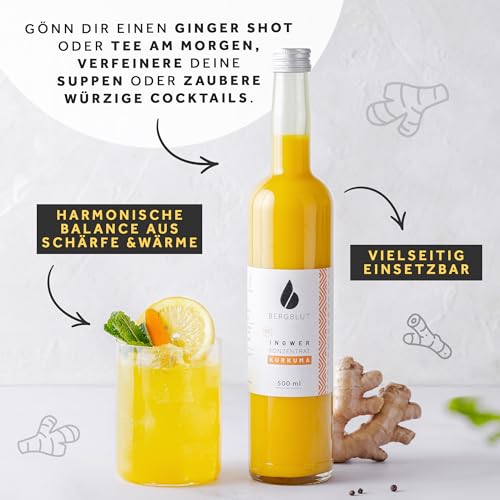 Bergblut Bio Ingwer Konzentrat mit Kurkuma – 500 ml Ingwerkonzentrat mit Kurkuma, Zitronen & Limetten | hochwertiges Konzentrat für Golden Milk, Limonade & als Shot | Vegan mit Agavendicksaft