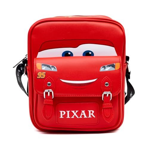 Disney Bolsa transversal de couro vegano com bolso frontal, esquema de pintura corporal de carro Relâmpago McQueen, vermelho, 19 cm x 23 cm, Vermelho, 7.5' x 9'