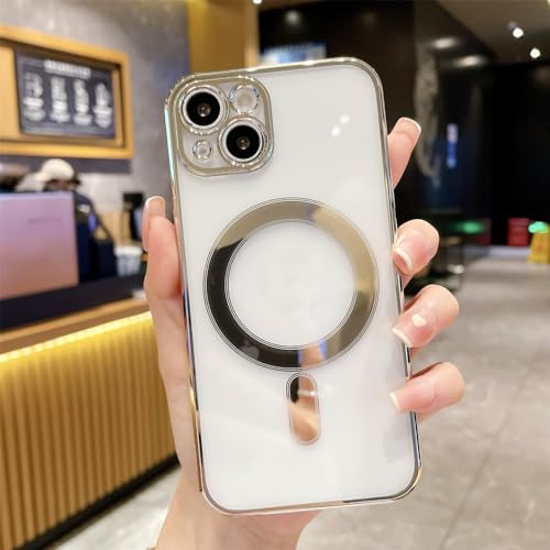 Étui de charge sans fil magnétique pour iPhone 14 coque transparente argent luxe