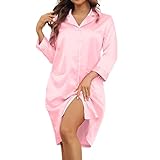 【Design】 Col en V Satin Sleepshirt avec manches 3/4, col revers, boutonnière sur toute la longueur, vous rend sexy et charmante pour la douce nuit. Das Nachthemd im eleganten Stil ist locker geschnitten und passt sich jeder Figur an.