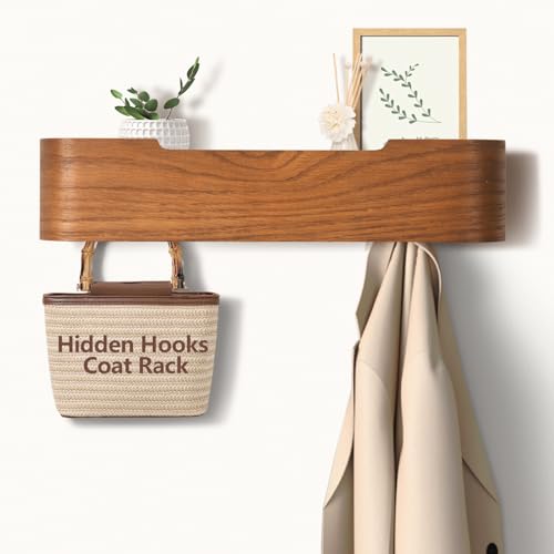 Jadoxy Perchero de pared | Perchero de pared con ganchos ocultos | Perchero moderno con ganchos ocultos para ropa y estante | Perchero de pared con estante | Perchero de pared (Nogal, 4 ganchos)