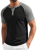 Runcati Mens Henley Shirts Raglan Short Sleeve Casual Baseball Tees Summer Classic Color Block Workout T- Shirts Black