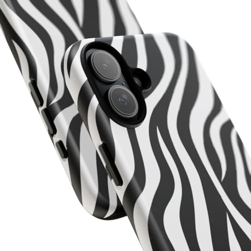 Coque iPhone 16 Plus rigide mate à rayures zébrées noires et blanches protectrice