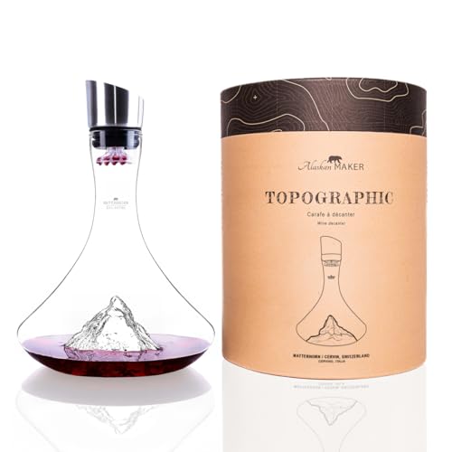 Decanter per vino da 1,8 l, in borosilicato soffiato a mano con montagne in rilievo, tappo 3 in 1 (filtro, aeratore e versatore) (Mt Matterhorn)