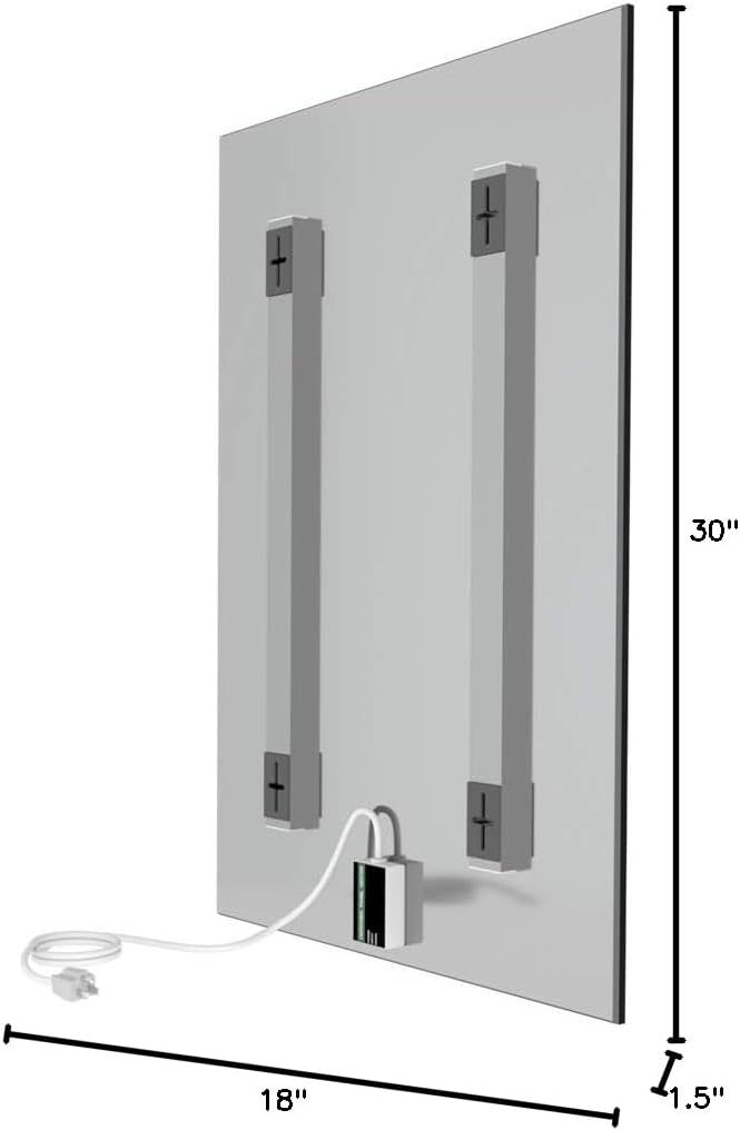 Diagram showing the dimensions of the Ember Radiant Panel Heater: 30 inches high, 18 inches wide, and 1.5 inches deep.