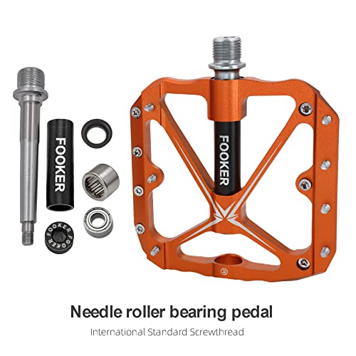 Fooker Mountain Bike Pedals Non-Slip Bike Pedals Platform Bicycle Flat Alloy Pedals 9/16 Needle Roller Bearing (Orange Black Needle Roller Bearing) #TOP3