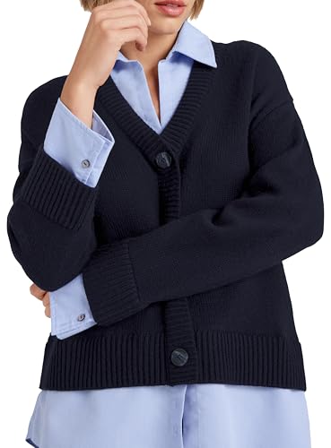 Cinq Sept Women's Blue Solid Cashmere Wool Blend Collared Neck V-Neck Cardigan Sweater