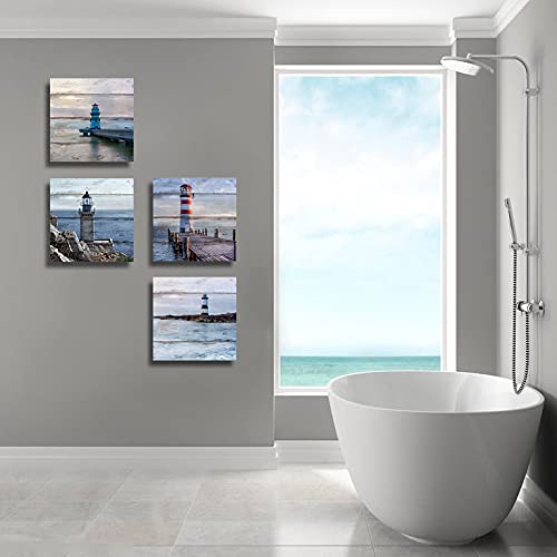 Qtespeii 4 Pieces Nautical Bathroom Decor Lighthouse Canvas Wall Art Vintage Blue Ocean Pictures Coastal Paintings For Bedroom Large Modern Home Office Decoration Framed Red Tower Artwork 12"X12" #TOP2