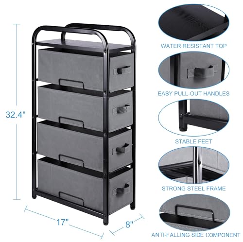 MAX Houser 4 Drawer Narrow Dresser Fabric Storage Tower Vertical Slim Storage Chest Organizer Nightstand Side/End Table Small Standing Organizer Removable Drawers Wood Top for Bedroom, Bathroom(Grey - Image 4