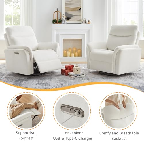 VANOMi Power Recliner Chair Swivel Glider, Electric Rocking Recliner Chairs with USB and Type-C Ports, Nursery Chair Recliner for Living Room, Bedroom, Apartment（White） - Thumbnail 5