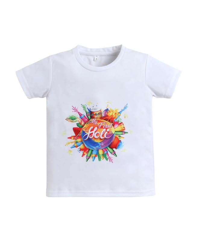 Image of The Magic Wand Kids Holi Festival Theme Printed T-Shirts, Girls Top, Boys Kurta Multicolored for Kids Baby Boys and Girls, Traditional Indian Wear Dress for Holi