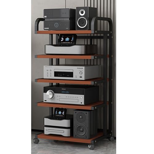 Mueble estéreo marrón con estante giratorio y soporte para equipo de música en casa