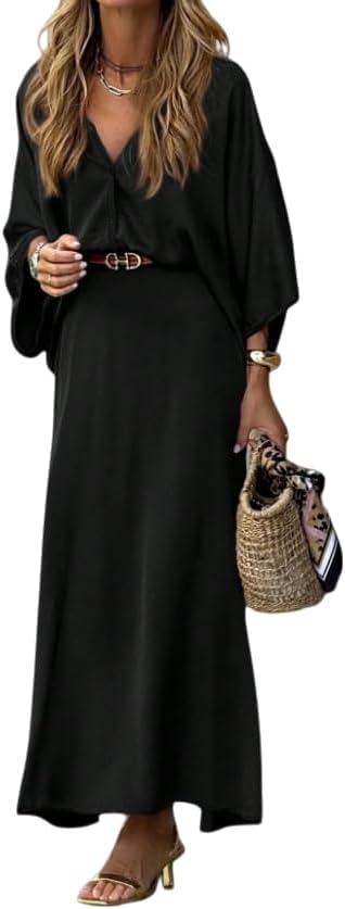 Women's Bohemian V Neck Maxi Dress with Batwing Sleeves Button Front and Elastic Waist for Casual Wear Long Dress