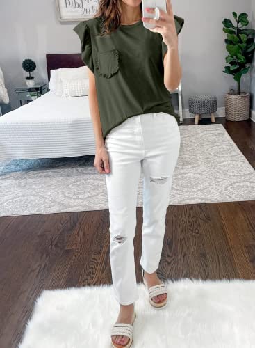 Miholl Women's Ruffle Sleeve Round Neck Casual Loose Fit Tank Tops T-Shirt (Small, Army Green) #TOP2