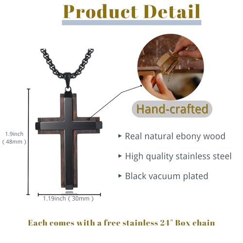 Wooden Cross Necklace for Men, Real Ebony Mens Cross Necklaces Black Stainless Steel Christian Wood Crucifix Pendant, with Necklace 24" Round Box Chain3