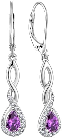 FJ Infinity Birthstone Earrings 925 Sterling Silver Leverback Dangle Drop Earrings Jewellery Gifts for Women Girls