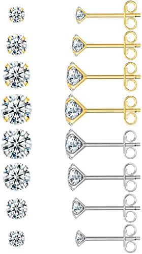 Earrings for Women, 8 Pairs Stud Earrings Set for Men Girl, COMOSO 18K Yellow and White Gold Plated S925 Sterling Silver Round Cubic Zirconia Earrings Studs 3-8mm, Birthday Christmas Gift