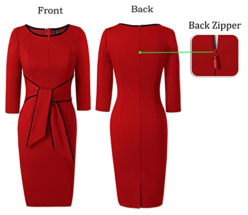 Image of VFSHOW Womens Front Zipper Tie Waist Bow 3 /4 Sleeve Slim Fitted Work Business Office Party Bodycon Pencil Sheath Dress