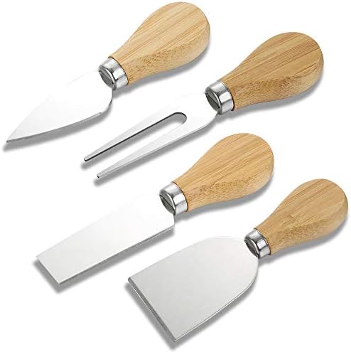 Set of 4, Cheese Knives with Bamboo Wood Handle, Futu Steel Stainless Cheese Slicer Cheese Cutter- Mini Knife, Butter Knife, Spatula & Fork