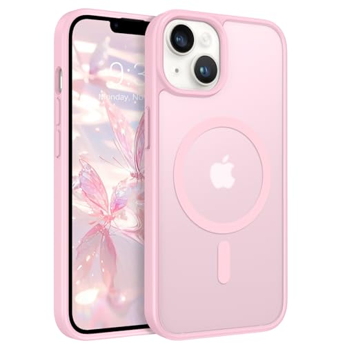 ROUMAYMAY - ROUMAYMAY for iPhone 13/14 Case, Strong Magnetic [Compatible with MagSafe] Military Grade Protective Slim Translucent Matte Skin Smooth Phone Case for iPhone 13/14 6.1'' Cover, Pink