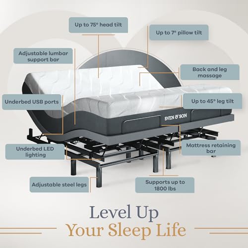 Image of Sven & Son Bliss Adjustable Bed Base-Frame + 14 inch Hybrid Spring Matt (Medium Soft), Head and Foot Lift, Lumbar, Pillow-Tilt, Massage, Under-Bed Lights, USB, Memory, Zero Gravity - King
