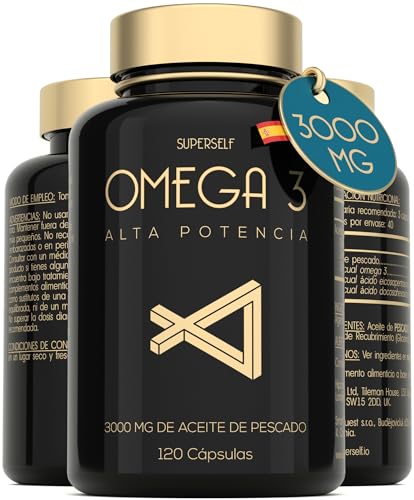 Omega 3 Aceite de Pescado - 3000 mg Triple Potencia - 120 Cápsulas Blandas - 990 mg de EPA + 660 mg de DHA Máxima Concentración - Alta Potencia Omega3 Puro y Sostenible - Fáciles de Tragar sin Regusto