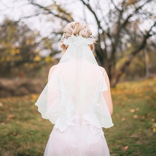First Communion Veil, White Two-Layer Design, 23.6 Length With Floral Embellishments, Silver Sequins, Headpiece For Ages 7-163