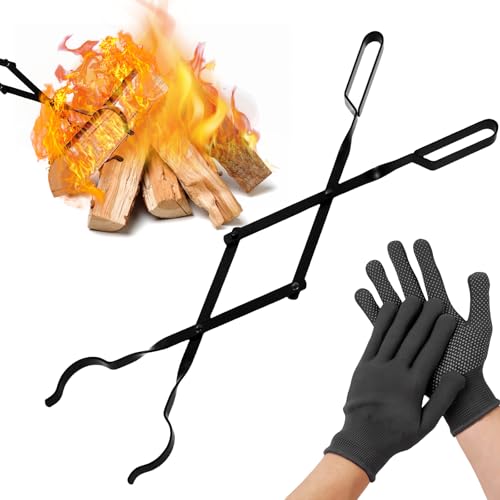 GOEDCH Pinces Bois Chauffage:Pince à Bûches en Fonte Robuste, Pince à Bûches Facile et Sûre pour Cheminée Intérieure, Brasero, Livré avec des Gants Antidérapants en Nylon, 26 x 2,5 x 2,5 Pouces, Noir