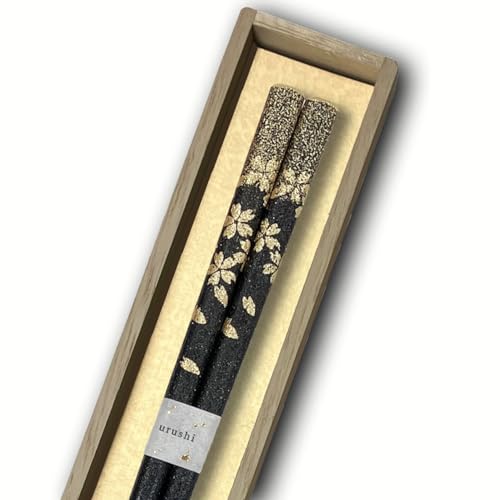 橋本幸作漆器店 桜ふぶき 輪島うるし箸 乾漆仕上げ 桐箱入り 22.5cm 日本製 天然漆 高級 職人技 滑りにくい ギフト プレゼント (黒)