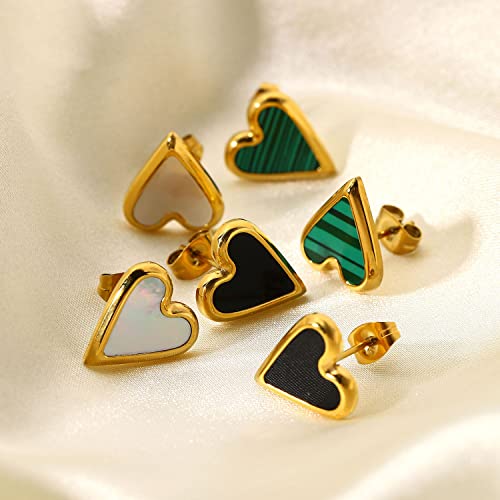 Bello Bee Heart Stud Earrings 18K Gold Plated Stainless Steel Natural Stone White Shell Green Malachite Black Shell For Women And Girls. (Green) #TOP3
