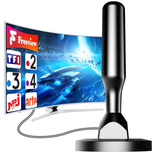 Antenne TV Intérieure Puissante TNT HD, Réception Numérique 360° Longue Portée, Compatible DVB-T/T2, Smart TV, 4K UHD et Full HD 1080p, Câble Coaxial 5 m