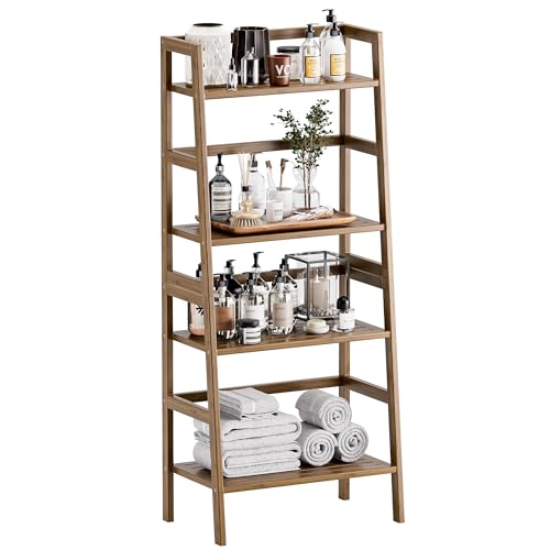 HITNET Ladder Bookcase, 4-Tier Leaning Bookshelf, Freestanding Open Display Storage Rack Shelf, Small Flower Plant Stand, Space Saving Bamboo Book Shelf, Walnut by HITNET - Used condition - CA$58.46