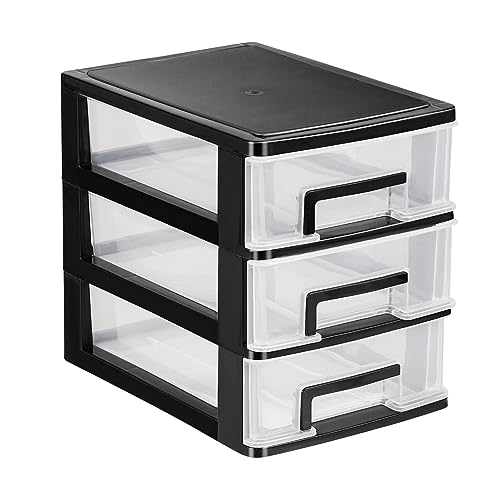 Garneck Plastic 3 Drawers Storage Organizer Home Office Desktop Organizer with Drawers Storage Container Units, Black and Transparent