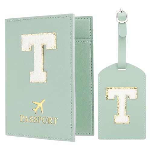 PATIKIL Passport Holder for Travel, Initial Passport Cover and Luggage Tag Set with Alphabet Chenille Letter Patch Travel Wallet Bag Suitcase Identifier for Women Family Travel Green T