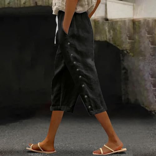 Capris Pants for Women Straight Leg Linen Pants Women with Pockets Summer Drawstring Elastic High Waist Crop Pant2