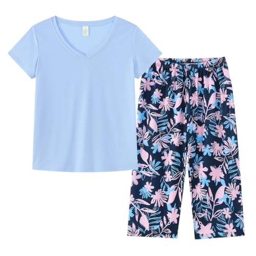 Image of YIJIU Women Soft Comfy Pajamas Cute Cat Short Sleeve Capri Pants PJS Set