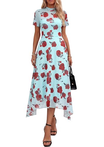 PRETTYGARDEN Women's Floral Mesh Midi Dress,Floral Blue Red,M