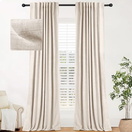 Image of INOVADAY 100% Blackout Curtains for Bedroom, Thermal Black Out Curtains, Back Tab/Rod Pocket Linen Blackout Drapes, Room Darkening Drapes for Living Room, 52''W x 84''L, Buttercream