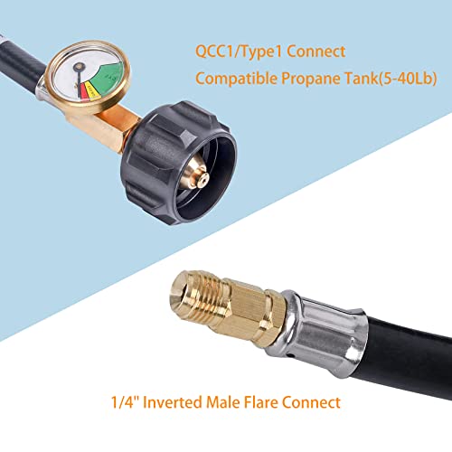GasSaf 4 FT RV Propane Hose,1/4\" Inverted Male Flare RV Gas Hose with Gauge Suitable for Standard 2-Stage Regulator,Gas Grill Camper and Outdoor Cooking