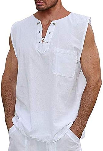 Taoliyuan Men's Lace up Tank Shirt Sleeveless 100% Cotton Casual Summer Beach Hippie, White, X-Large
