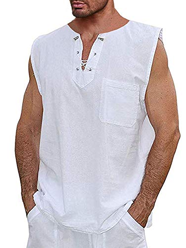Taoliyuan Men's Lace Up Tank Shirt Sleeveless 100% Cotton Casual Summer Beach Hippie, White, X-Large #TOP6