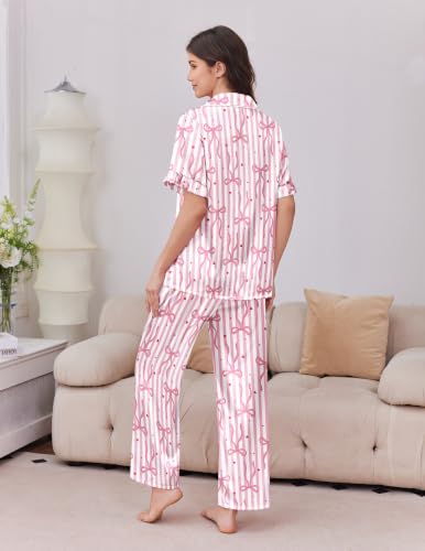 Image of Ekouaer Silk Satin Pajamas for Women Set 2 Piece Short Sleeve Button Up Pjs
