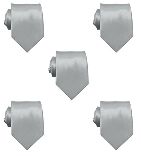 JAIFEI Mens Solid Satin 3.9 Inch Wide Formal Necktie Pack 5 For Wedding (Silver)