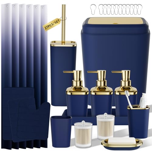 InnJoey Bathroom Set - 27PC Bathroom Sets with Shower Curtain and Rugs, Bathroom Accessory Set, Blue Bathroom Set, Elegant Bathroom Accessories Set, Shower Curtain Set, Trash Can & Soap Dispensers by InnJoey - Used condition - US$40.46
