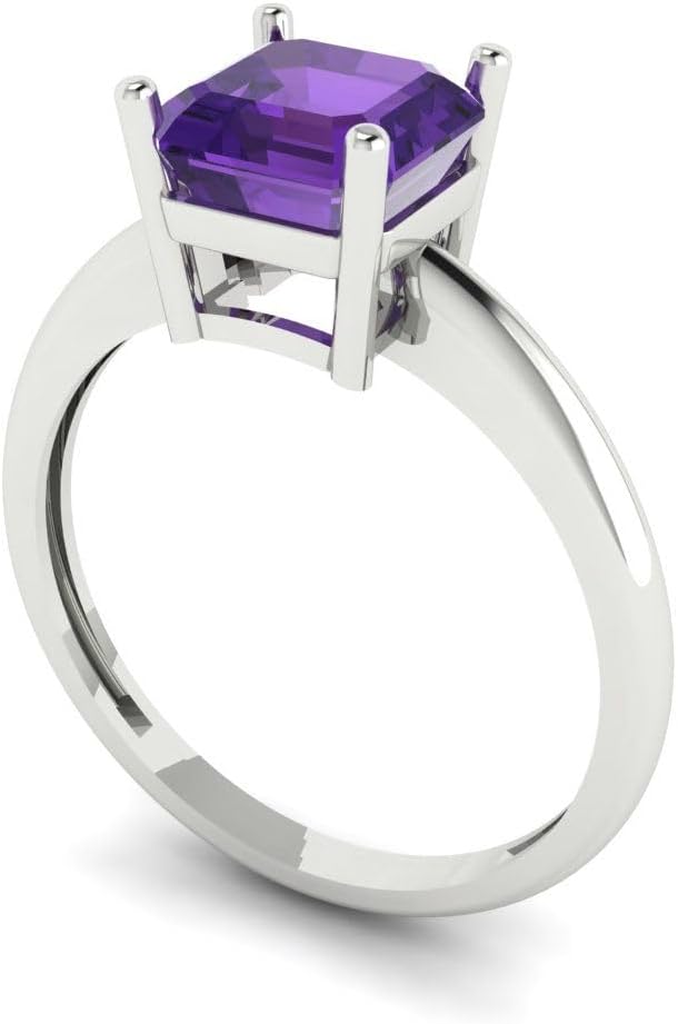 Clara Pucci 14K Solid White Gold 1.5 ctw Amethyst Solitaire Ring for Women | Anniversary, Birthday Gift | 6.5mm Asscher Cut - Image 2