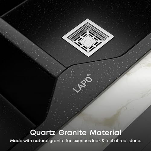 Image of LAPO Quartz Basin for Kitchen | 45x20 Inch Double Bowl Connector Basin | UV Protected Sink with Pre-Drilled Tap Hole | Sink with Coupling, Hose Pipe & Drainer Basket | 3 Year Warranty (Black Metallic)