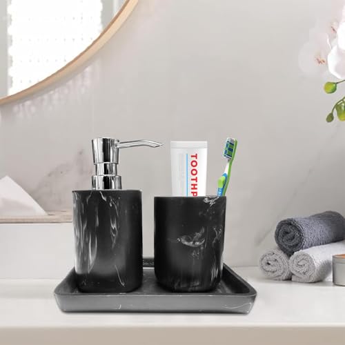 idestc® Bathroom Accessory Set with Lotion Soap Dispenser, Toothbrush Holder and Vanity Tray, 3-Piece Like Marble Soap and Lotion Dispenser Sets (Marble White) by idestc - Used condition - Image 3
