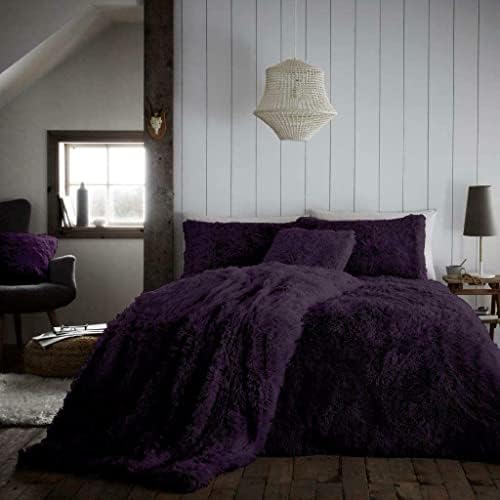 YORKSHIRE HOMEWARE Long Fluffy Teddy Duvet Cover Sets,Pillow Case Hug And Snug Fleece Faux Fur Easy Quilt Bedding (Charcoal, Double)